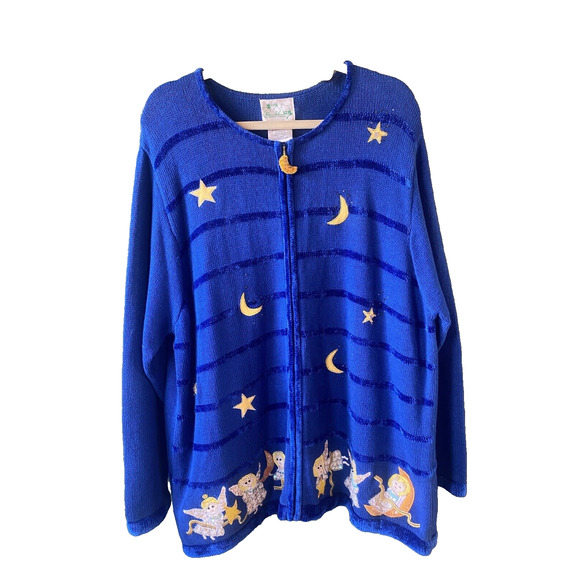 The Quacker Factory Sweater Womens 2XL Blue Knit Angel Full Zip Vintage NWT - Picture 2 of 15
